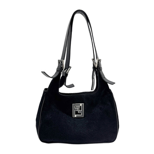 Black Pony Hair Double Strap Shoulder Bag