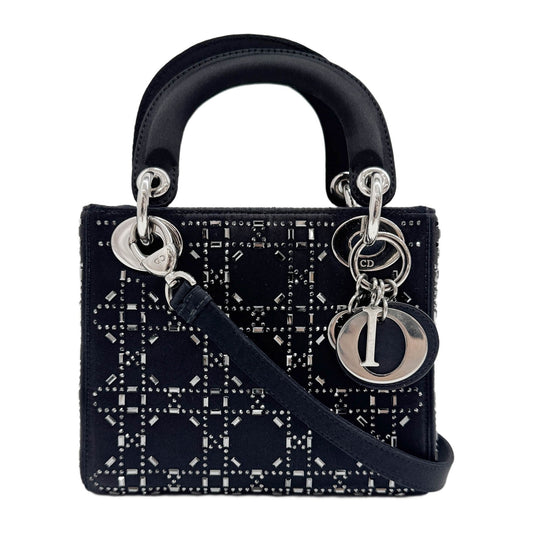 Mini Lady Dior Black Satin Crystals Handle Bag