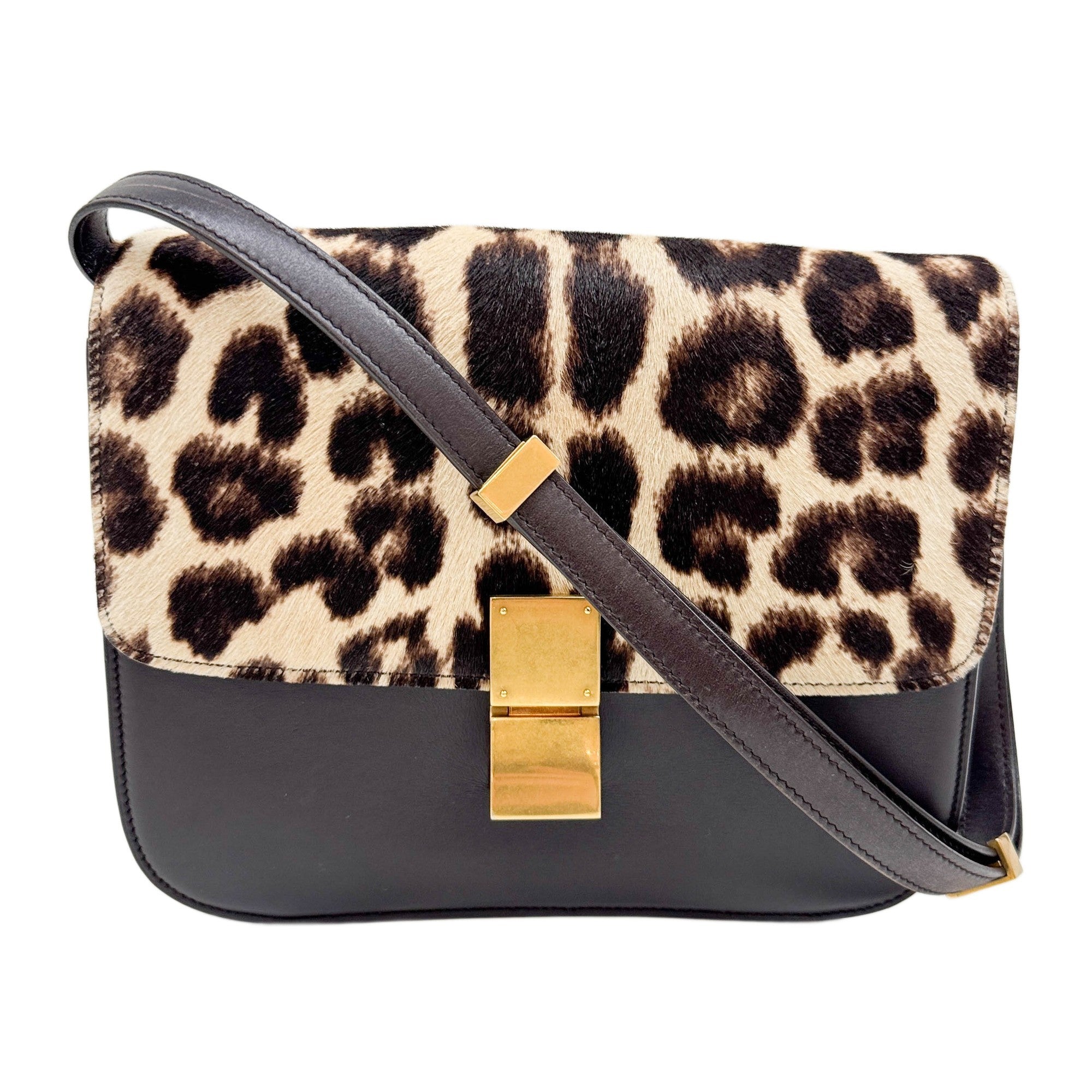 Classic Box Brown Leopard Print Pony Hair & Black Leather Shoulder Bag