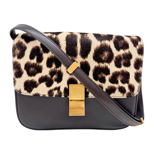 Classic Box Brown Leopard Print Pony Hair & Black Leather Shoulder Bag