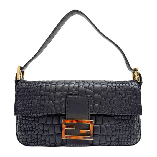 Baguette Black Crocodile Embossed Leather Shoulder Bag