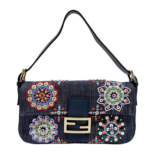 Baguette Denim Flower Beads Embroidery Shoulder Bag
