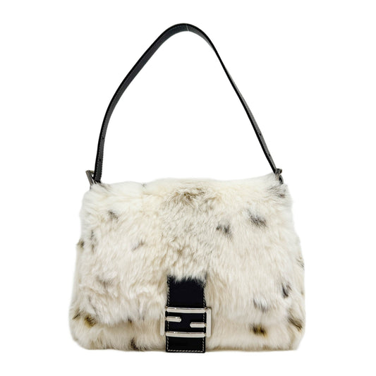 Mamma Baguette Cream Rabbit Print Fur Shoulder Bag