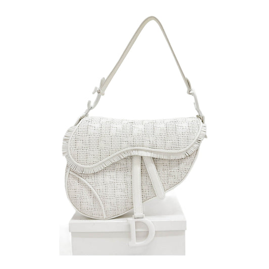 Saddle Fringe Trim White Woven Leather Shoulder Bag