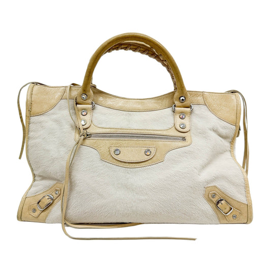 The City Rhinestone Studs Off-White Pony Hair Hand Bag
