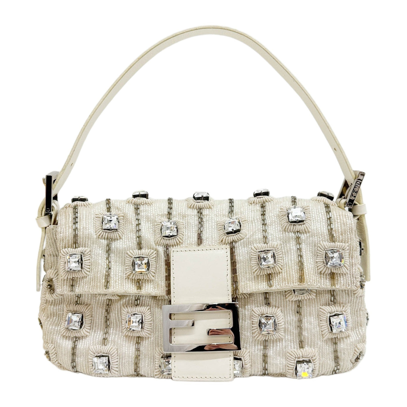 Baguette Rhinestone Embroidered Off-White Cotton Shoulder Bag