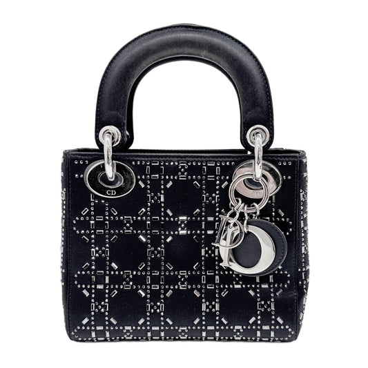 Mini Lady Dior Black Satin with Rhinestones Handle Bag