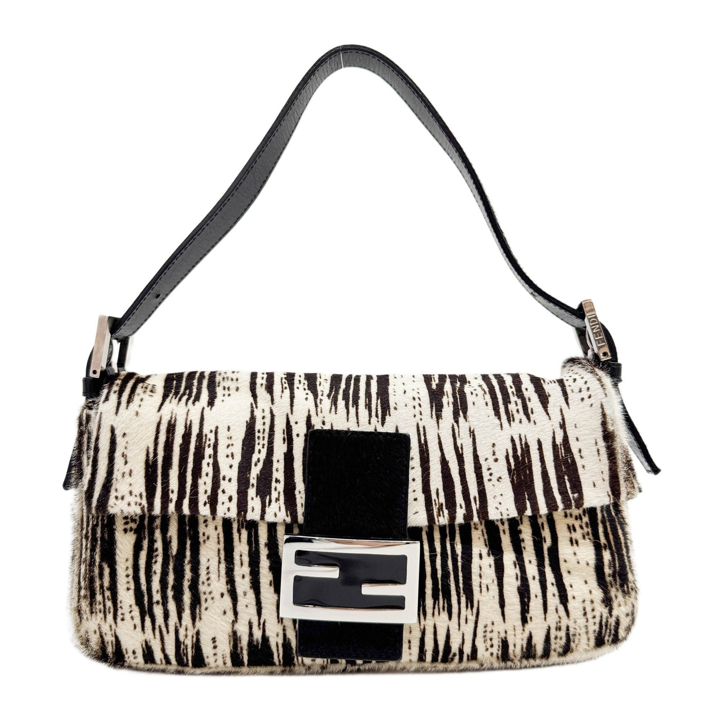 Baguette White & Brown Print Pony Hair Shoulder Bag