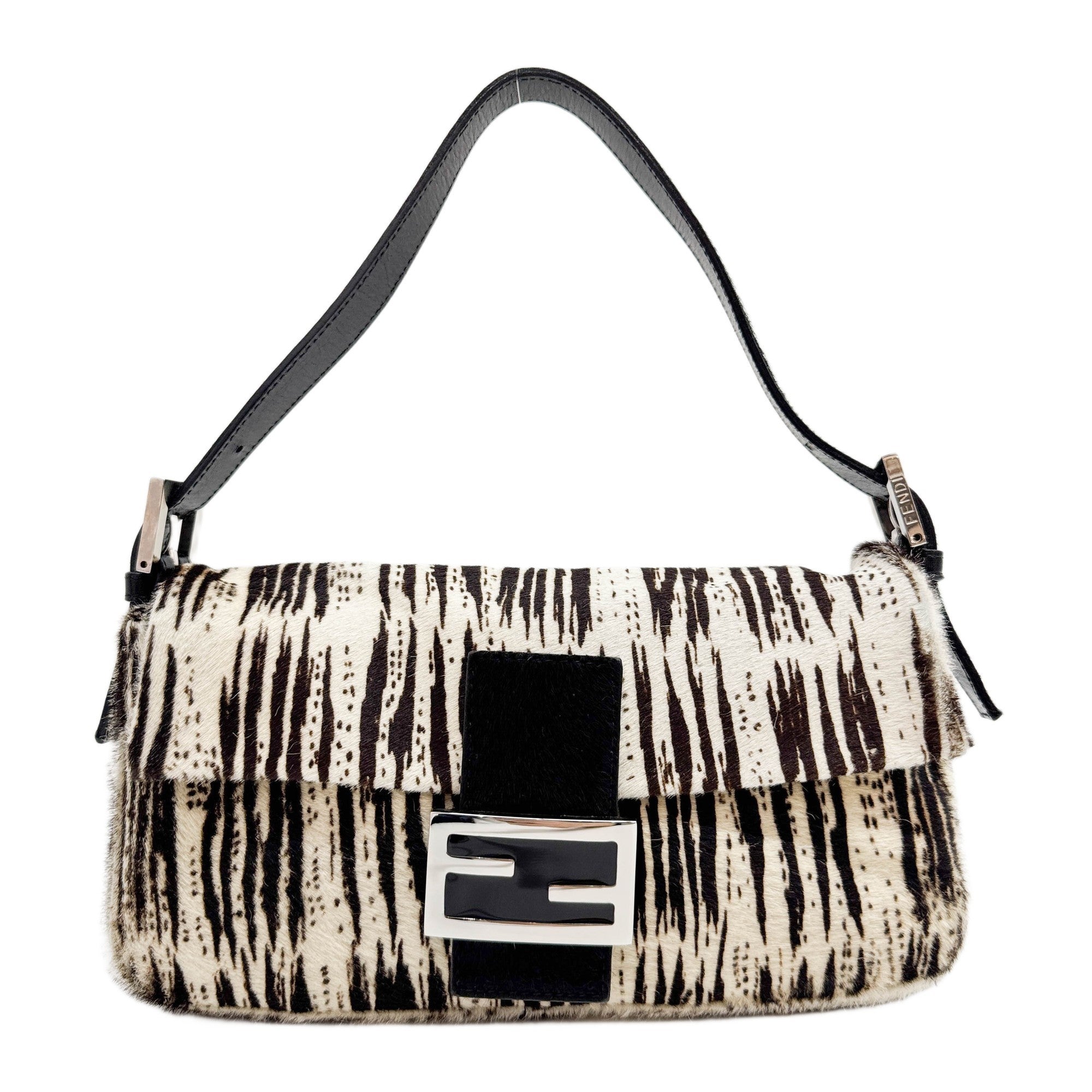 Baguette White & Brown Print Pony Hair Shoulder Bag