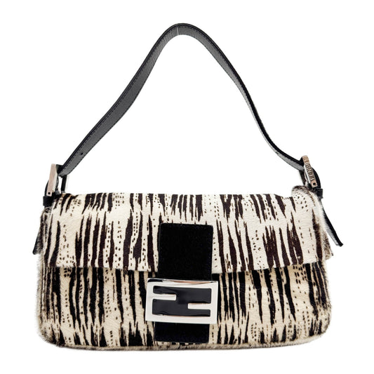 Baguette White & Brown Print Pony Hair Shoulder Bag