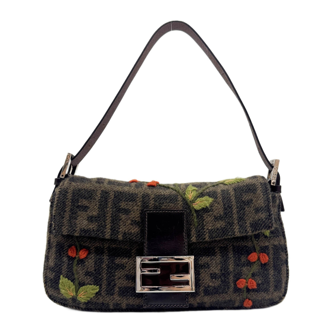 Baguette Brown Zucca Flower Embroidery Wool Shoulder Bag