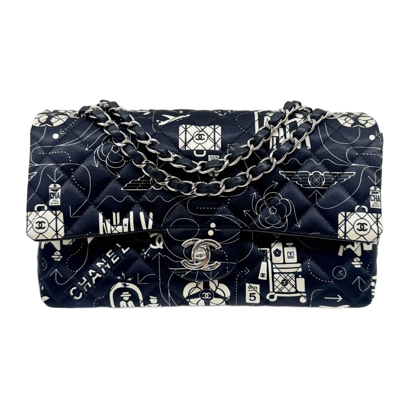 Double Flap 2016-1017 Airline Black Quilted Satin Shoulder Bag
