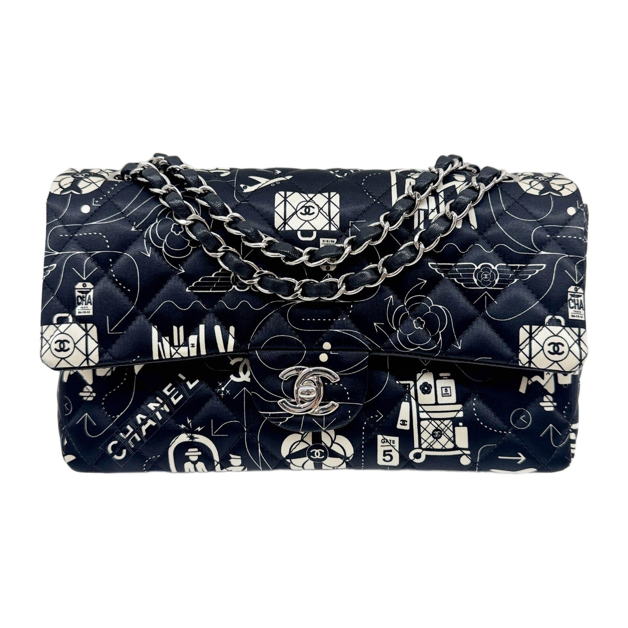 Double Flap 2016-1017 Airline Black Quilted Satin Shoulder Bag