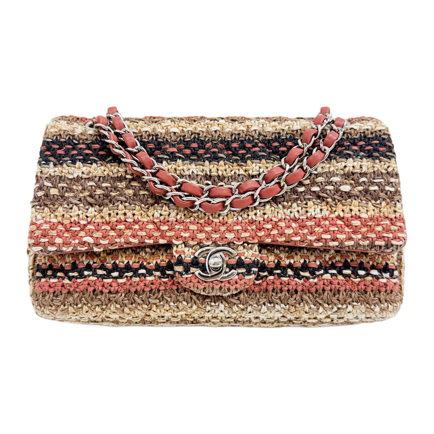 Classic Double Flap 2018  Brown Multicolor Knit Fabric Shoulder Bag