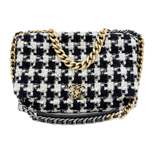 Chanel 19 Large Flap 2020 Black and White Houndstooth Tweed Shoulder Two Way Bag