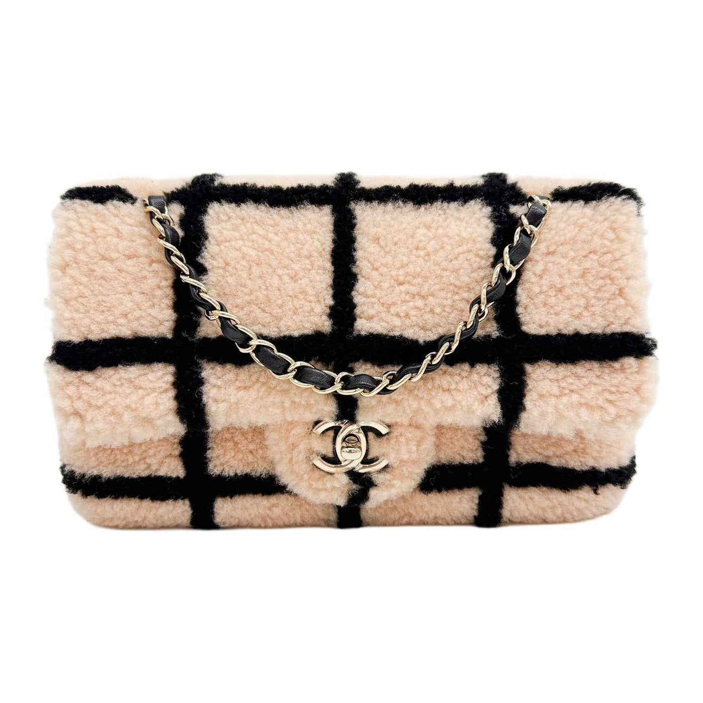 Large Fluffy Classic Flap 2021 Pink and Black Tartan Shearling Shoulder Bag
