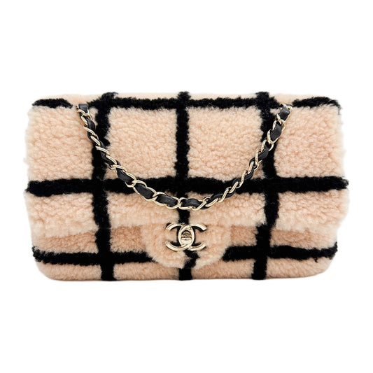 Large Fluffy Classic Flap 2021 Pink and Black Tartan Shearling Shoulder Bag