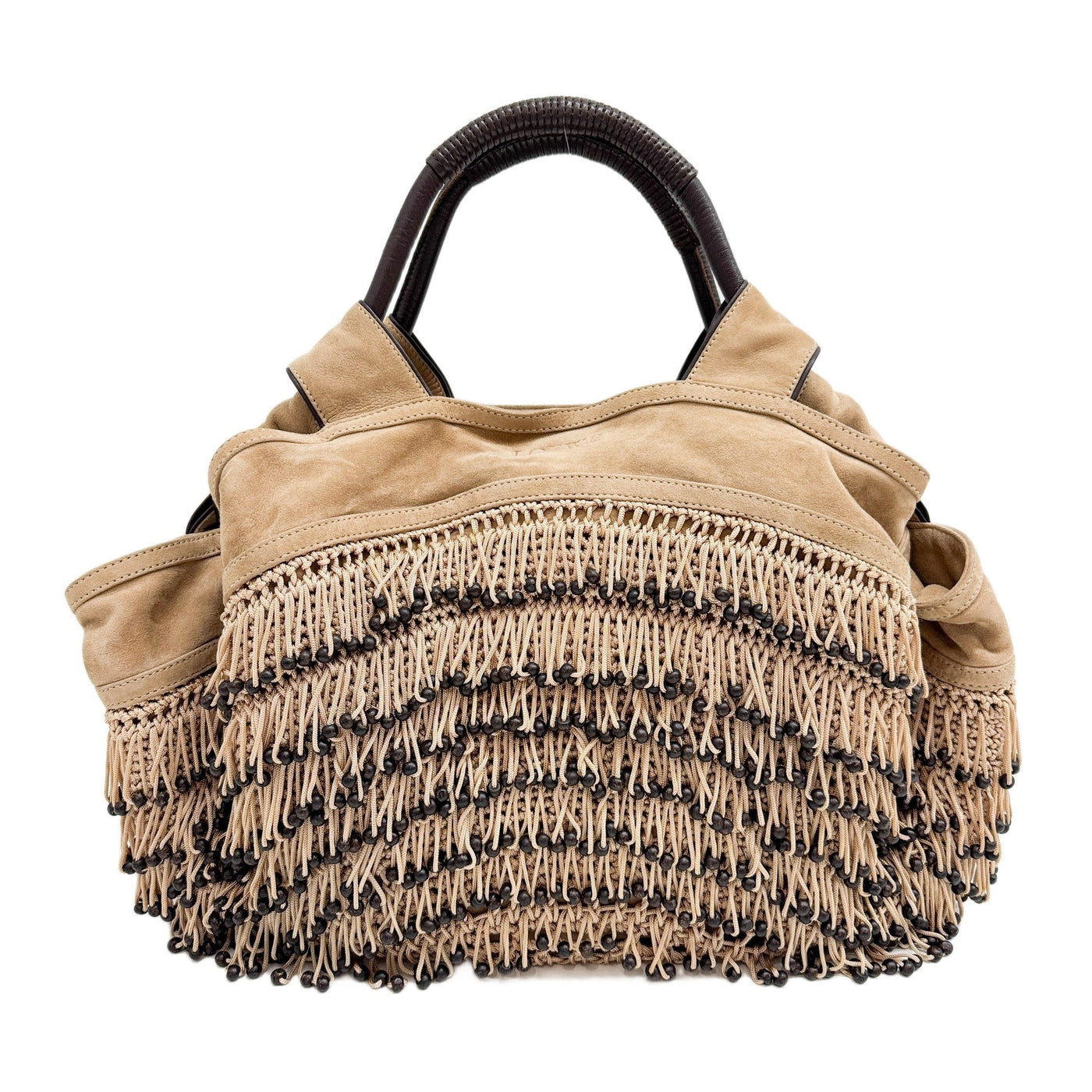 Anagram Woven Fringe Beige Suede Tote Bag