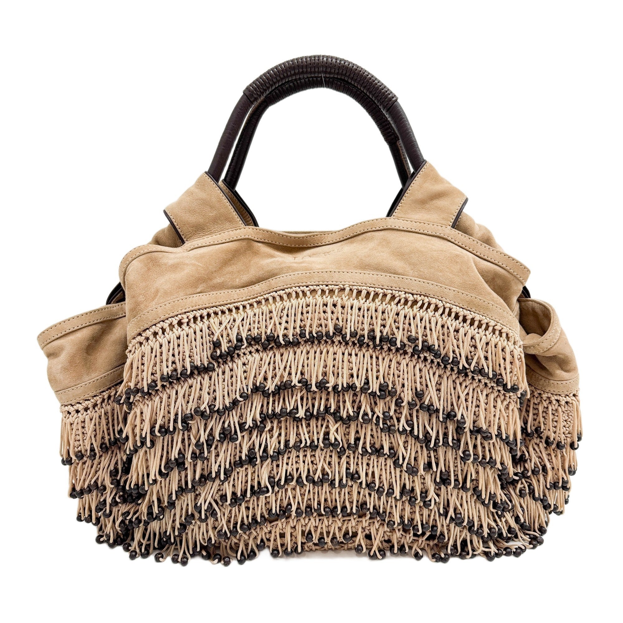 Anagram Woven Fringe Beige Suede Tote Bag