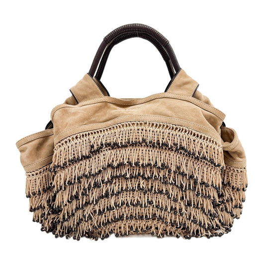 Anagram Woven Fringe Beige Suede Tote Bag