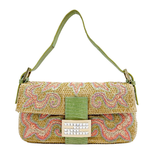 Baguette Pale Green Beaded Python Embossed Leather Shoulder Bag