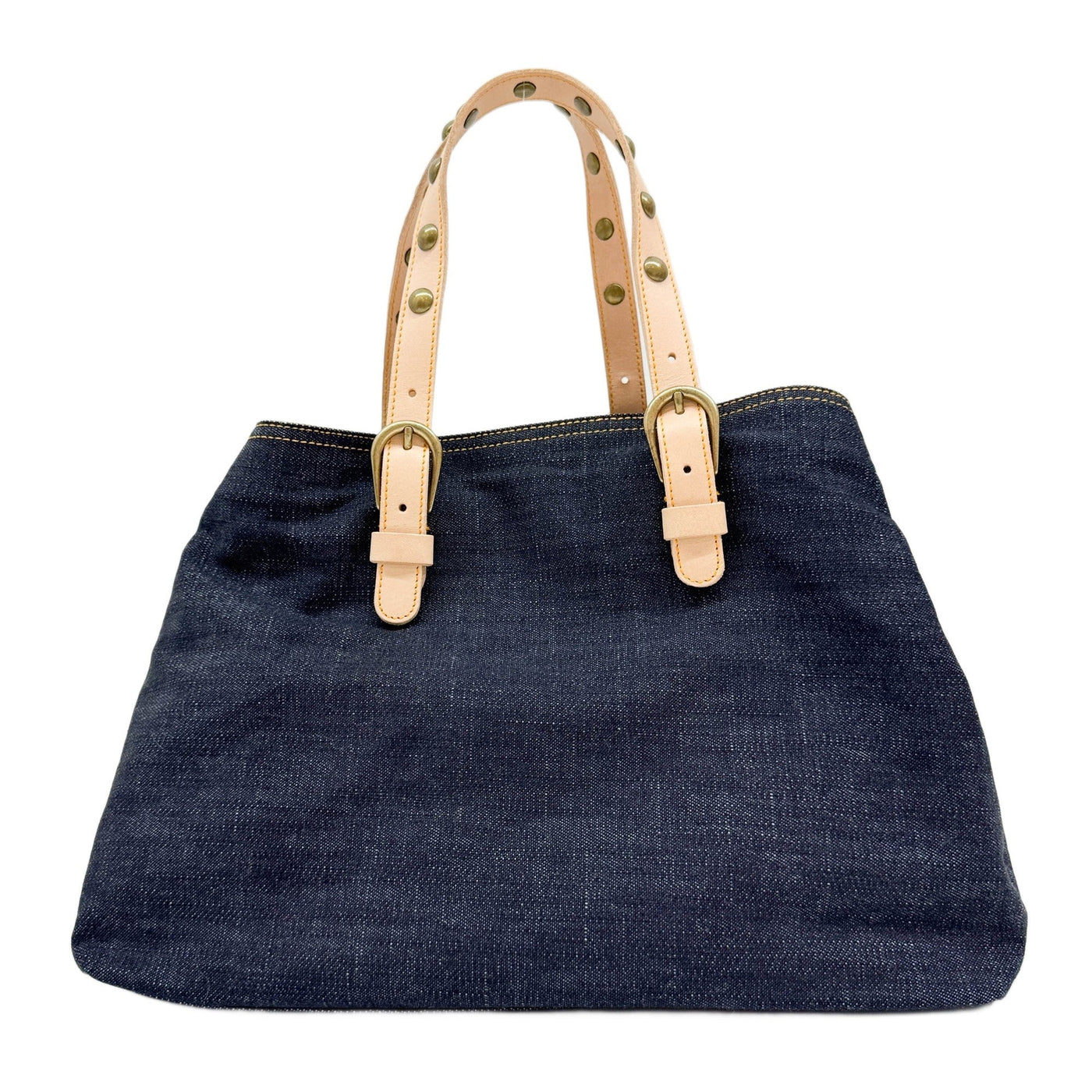 Studded Beige Handles Blue Denim Tote Bag