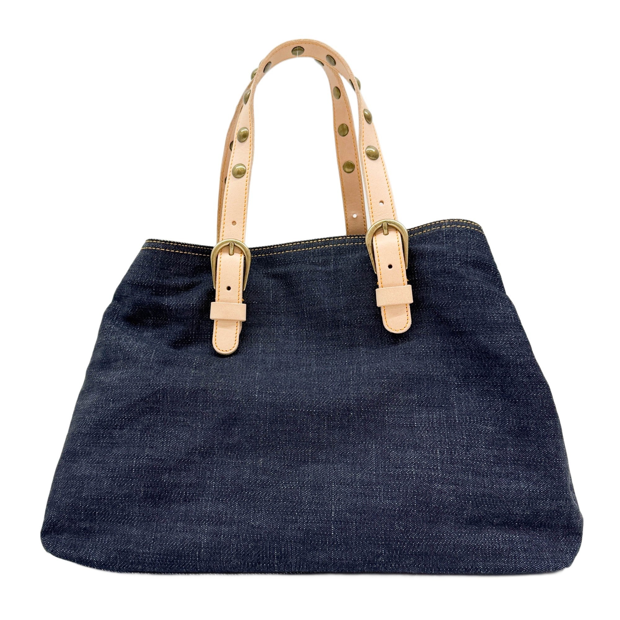 Studded Beige Handles Blue Denim Tote Bag