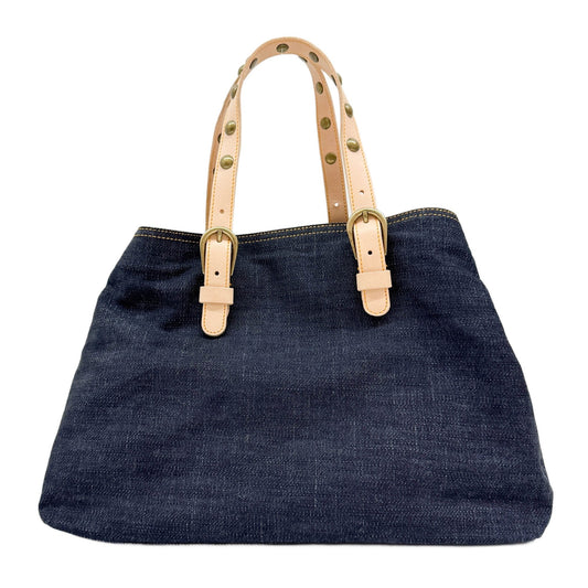 Studded Beige Handles Blue Denim Tote Bag