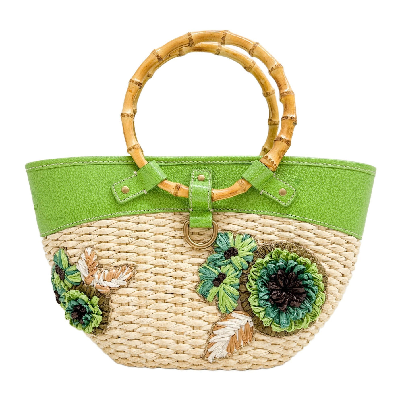 Green Leather Trim Bamboo Straw Hand Bag