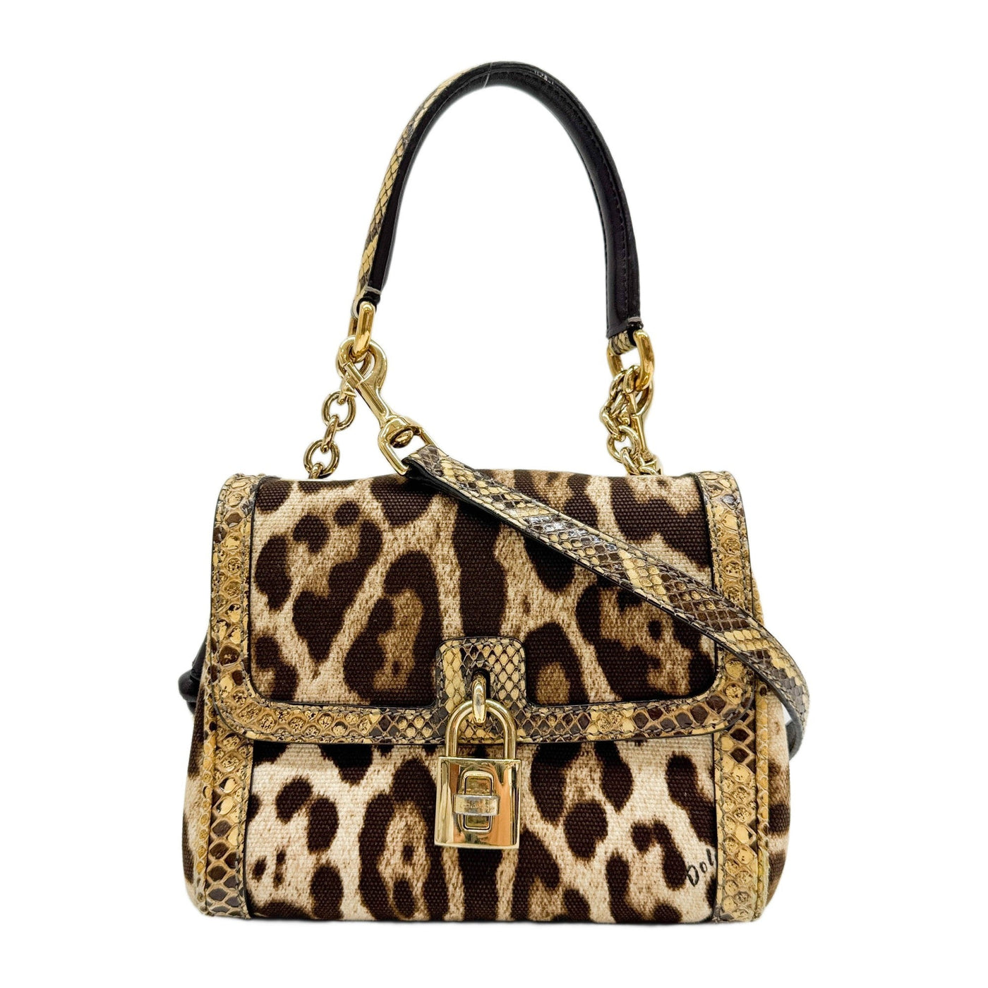 Miss Dolce Embossed Python Lining Brown Leopard Print Canvas Two Way Bag