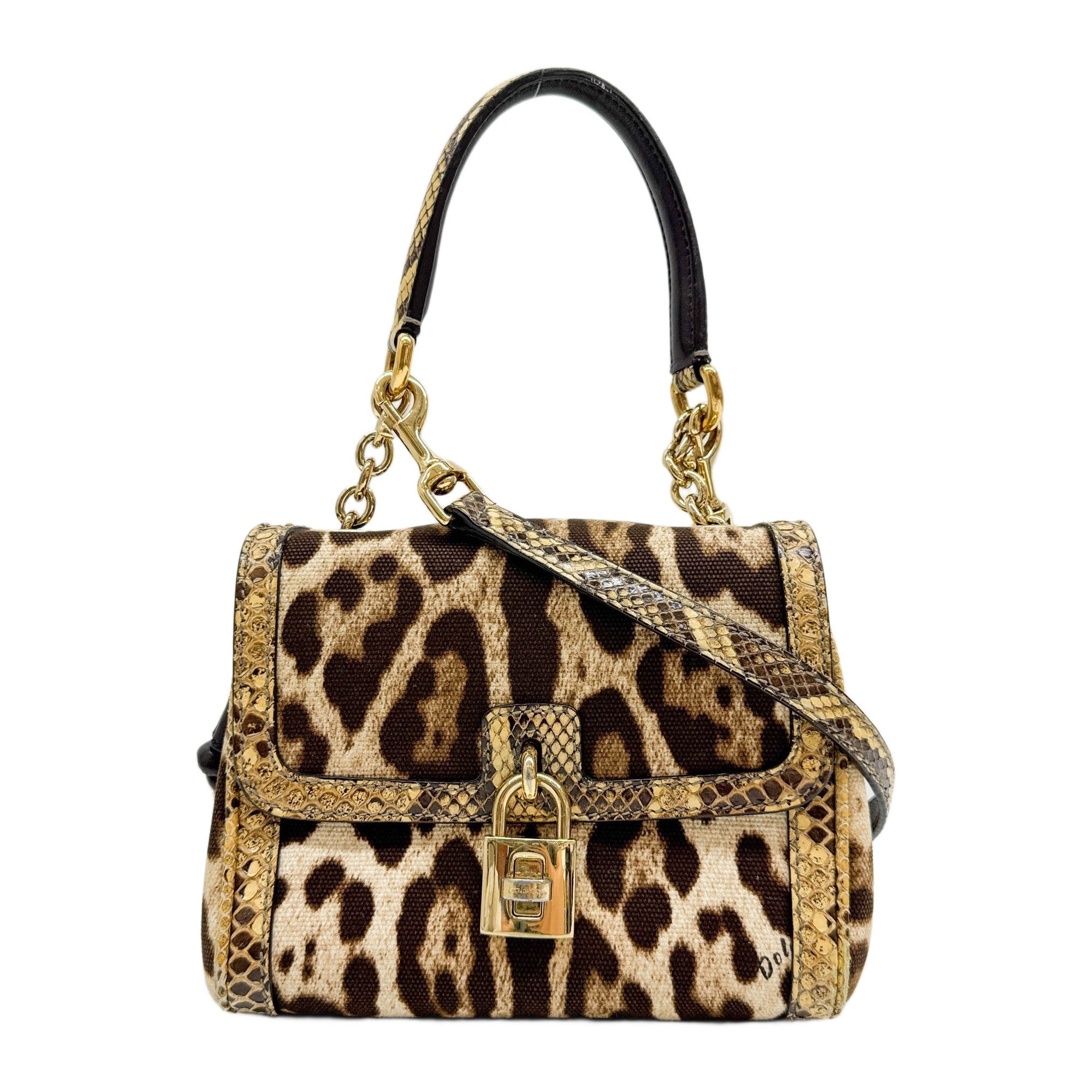 Miss Dolce Embossed Python Lining Brown Leopard Print Canvas Two Way Bag