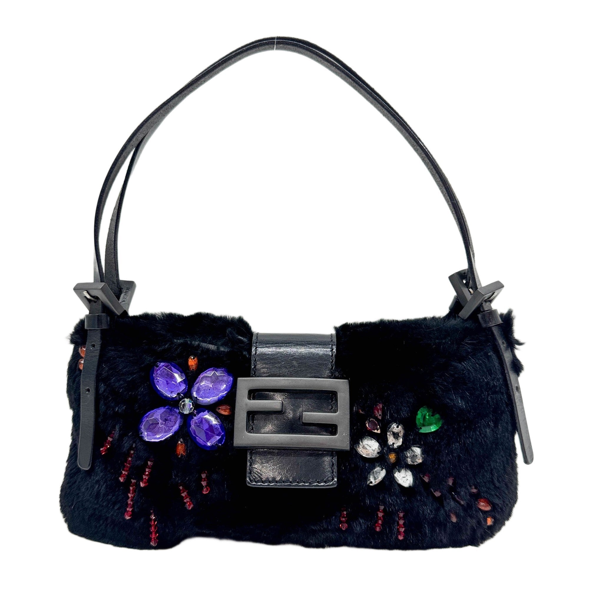 FENDI Baguette Floral Embroidery Black Fur Shoulder Bag – HIVE
