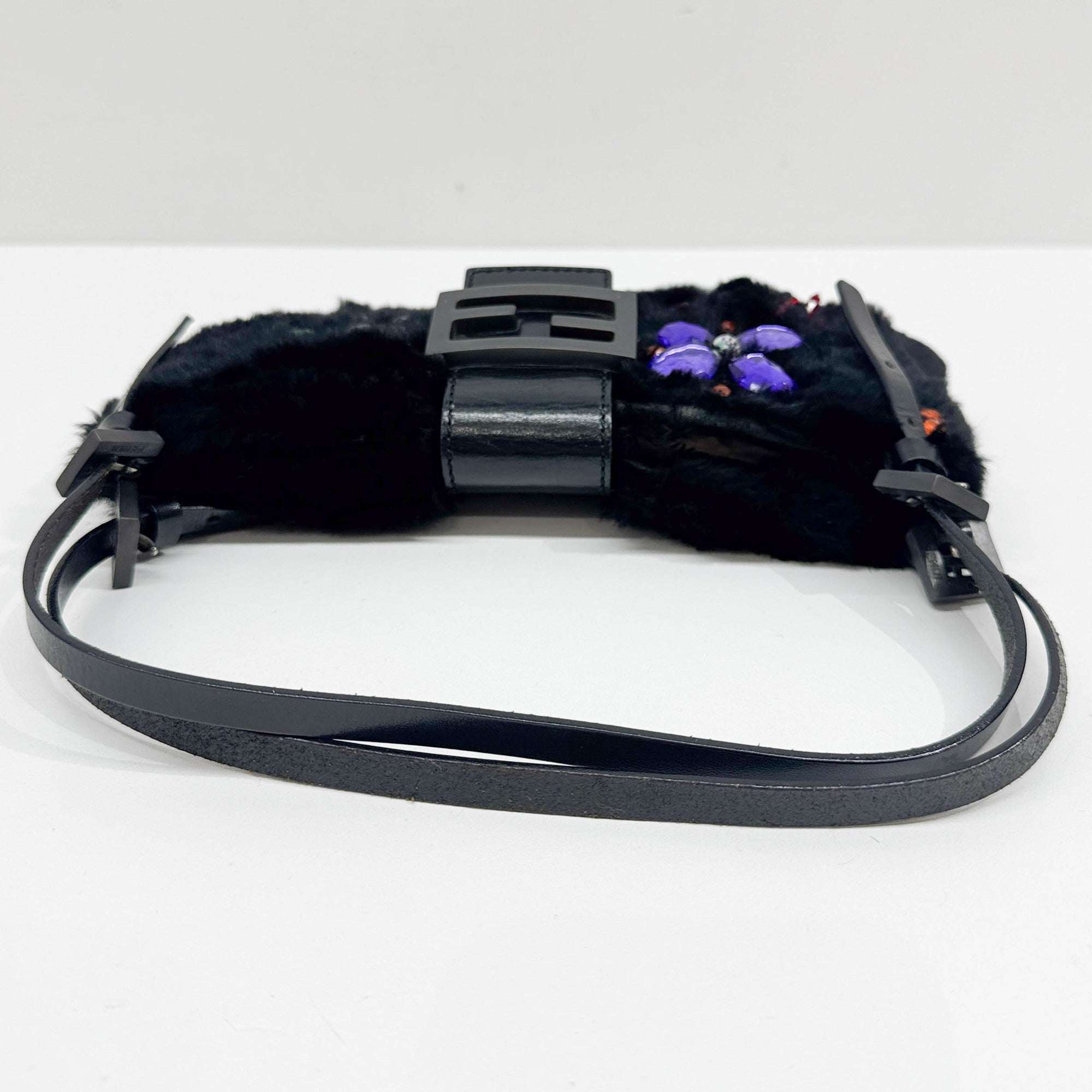FENDI Baguette Floral Embroidery Black Fur Shoulder Bag – HIVE