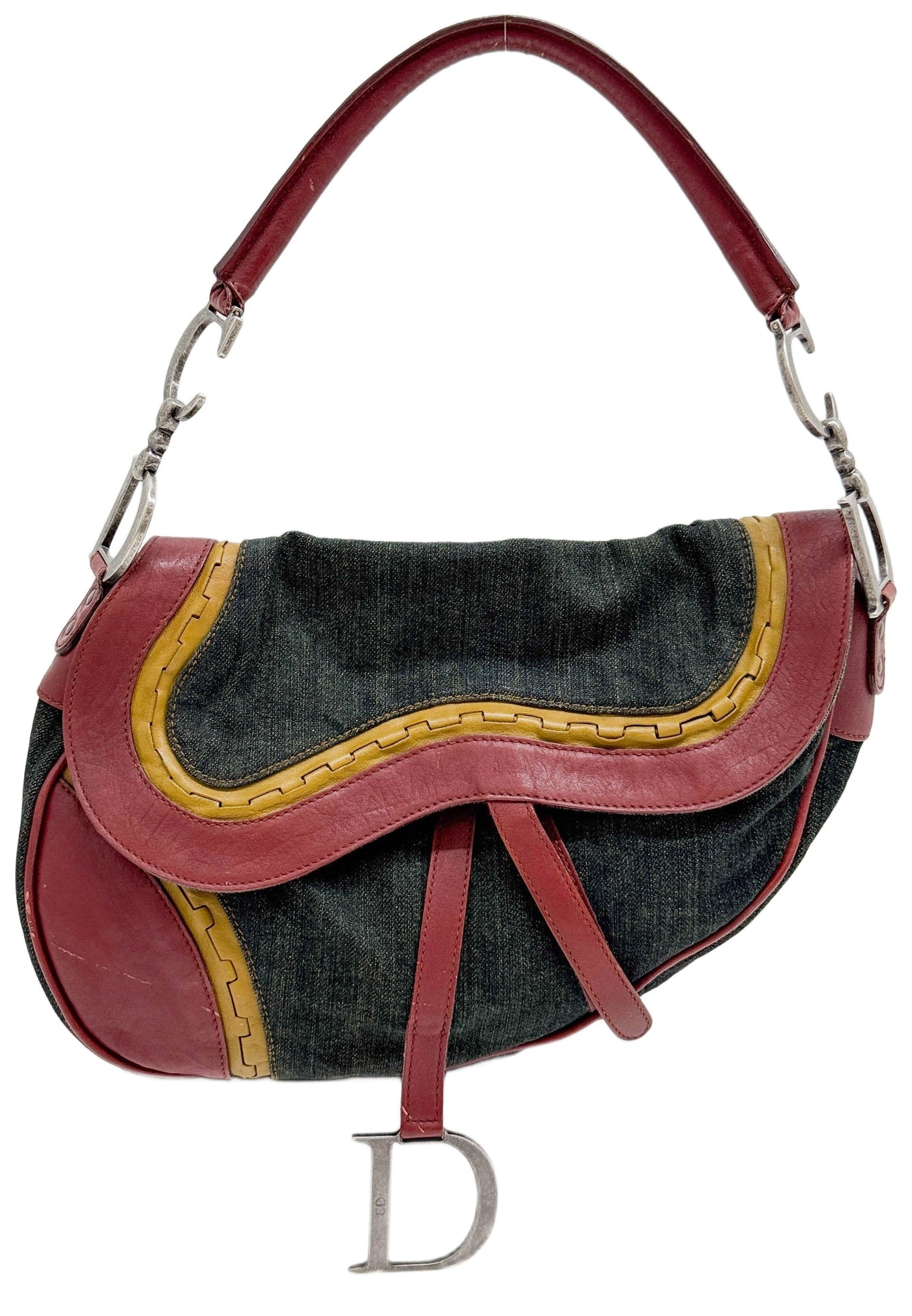 Gaucho Saddle Red Leather Trim and Green Denim Shoulder Bag