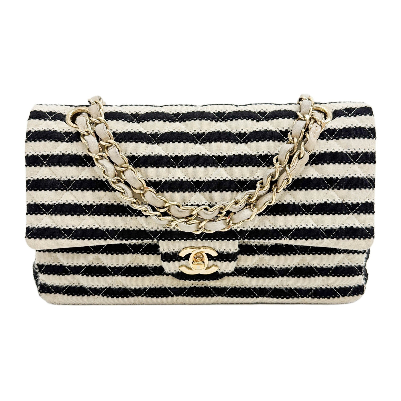 Double Flap 2014-2015 Black & White Cotton with Pearl Chain Shoulder Bag