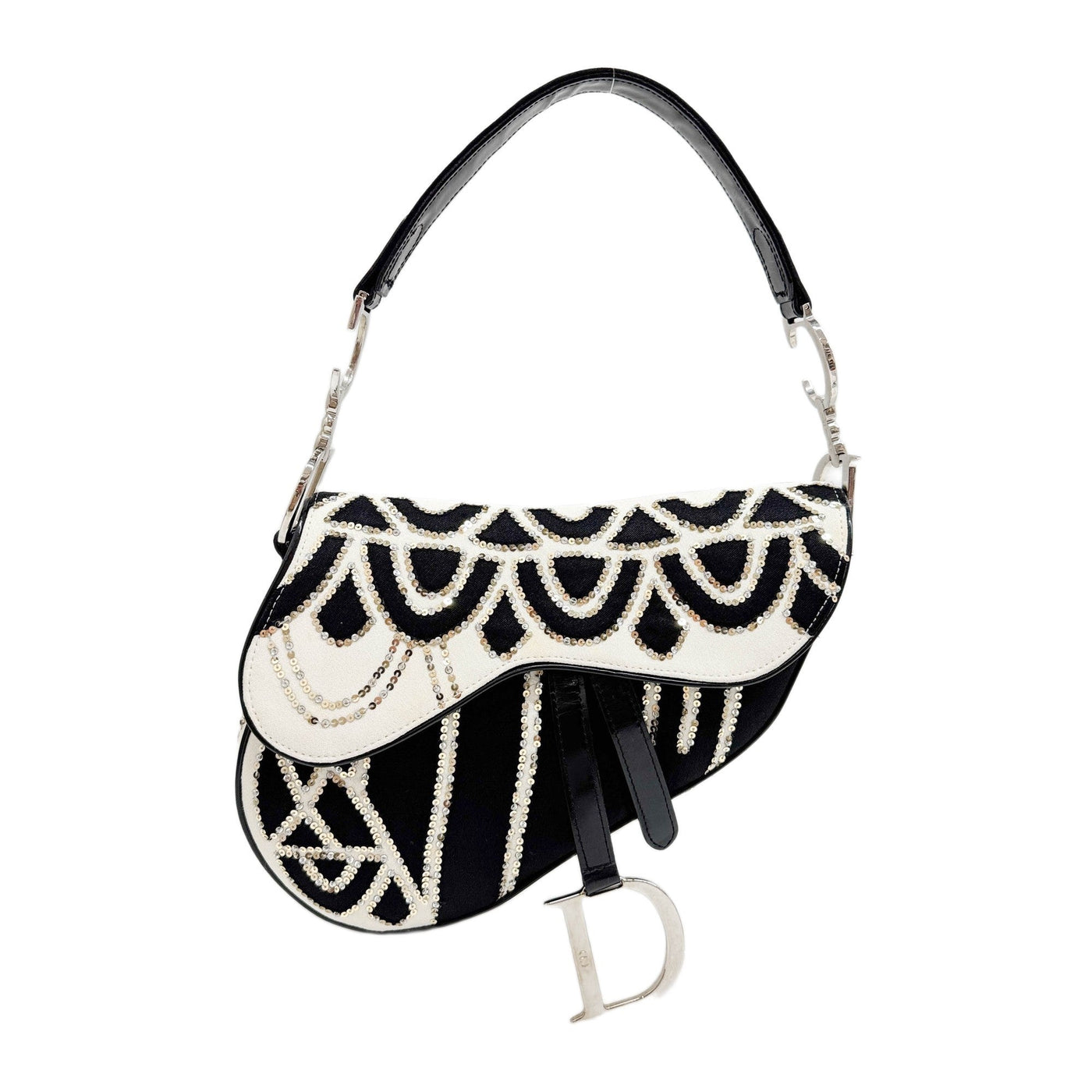 Saddle Sequined Black & White Satin Shoulder Bag