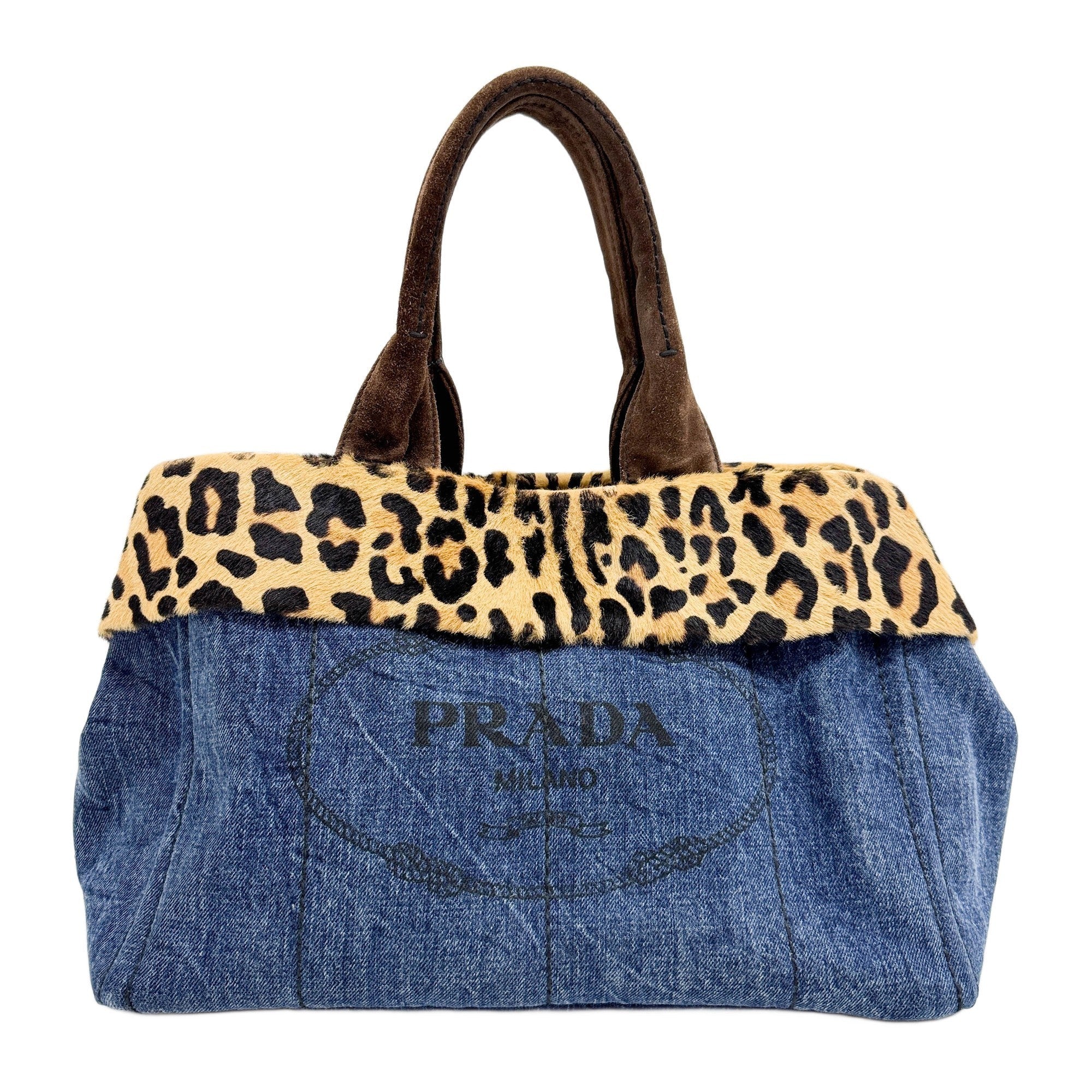 PRADA カナパトート PRADA Canapa Leopard Print Trim and Blue Denim Tote Bag – HIVE