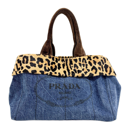 Canapa Leopard Print Trim and Blue Denim Tote Bag