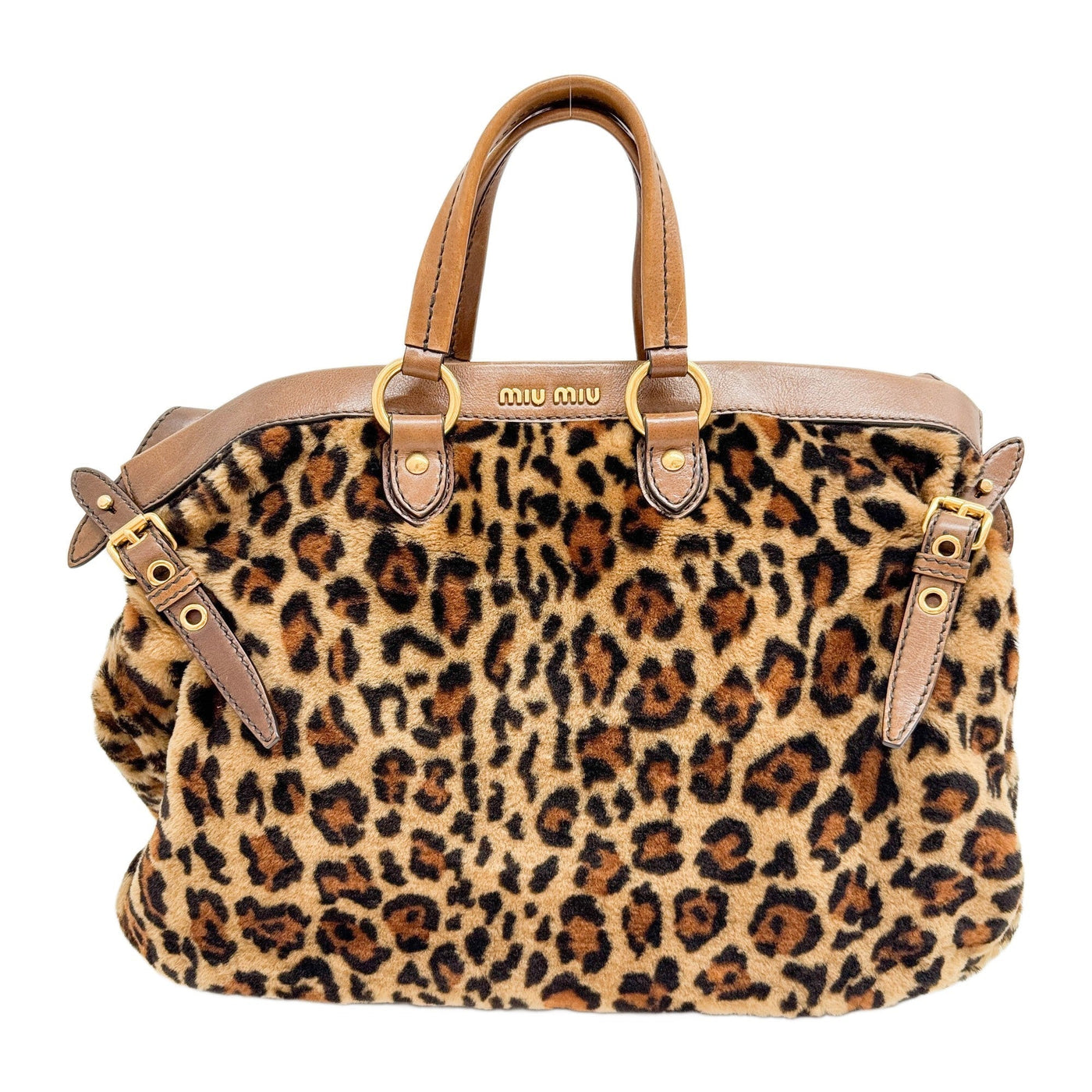 Brown Leopard Print Cut Wool Handle Bag