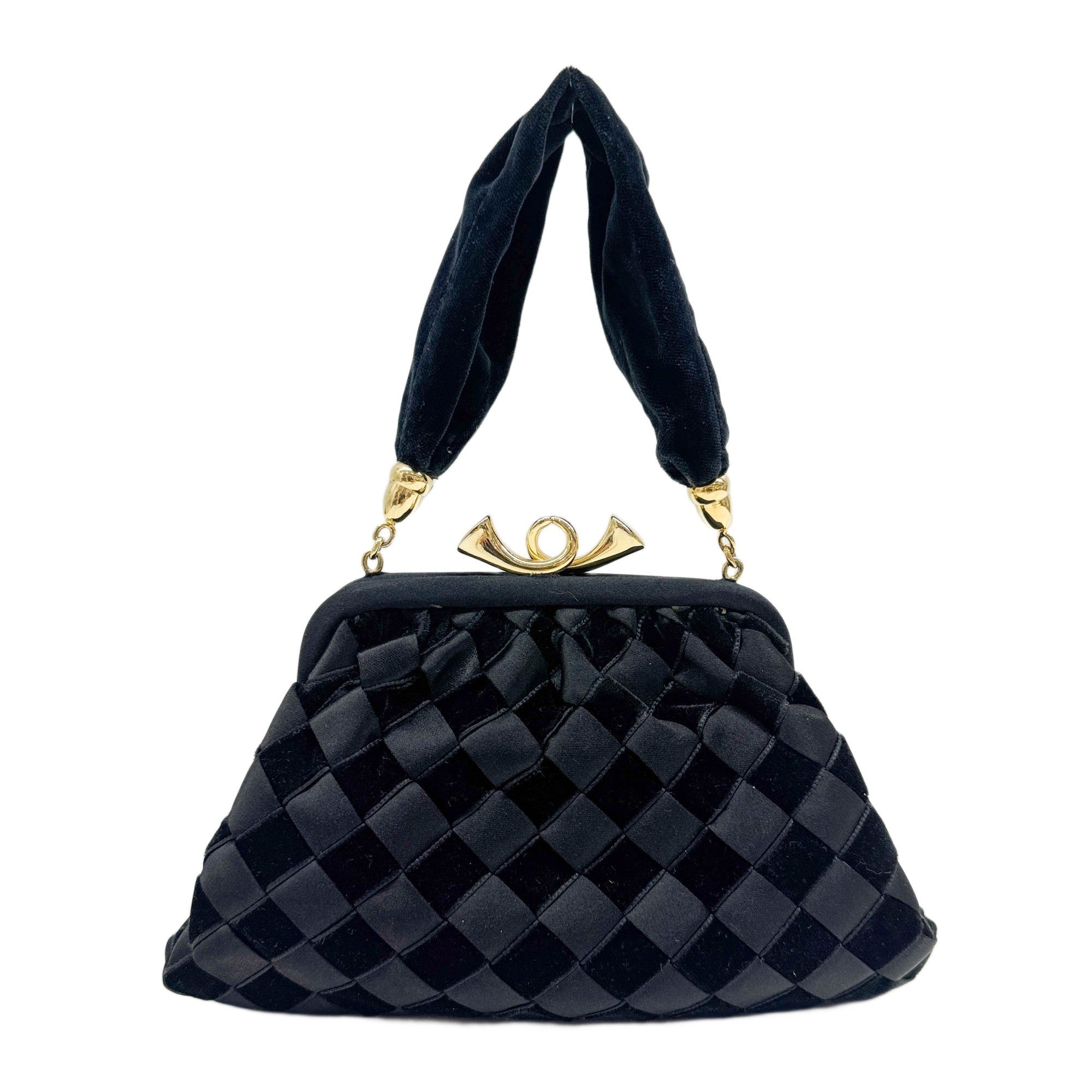 Kiss Lock Intrecciato Black Satin & Velvet Hand Bag