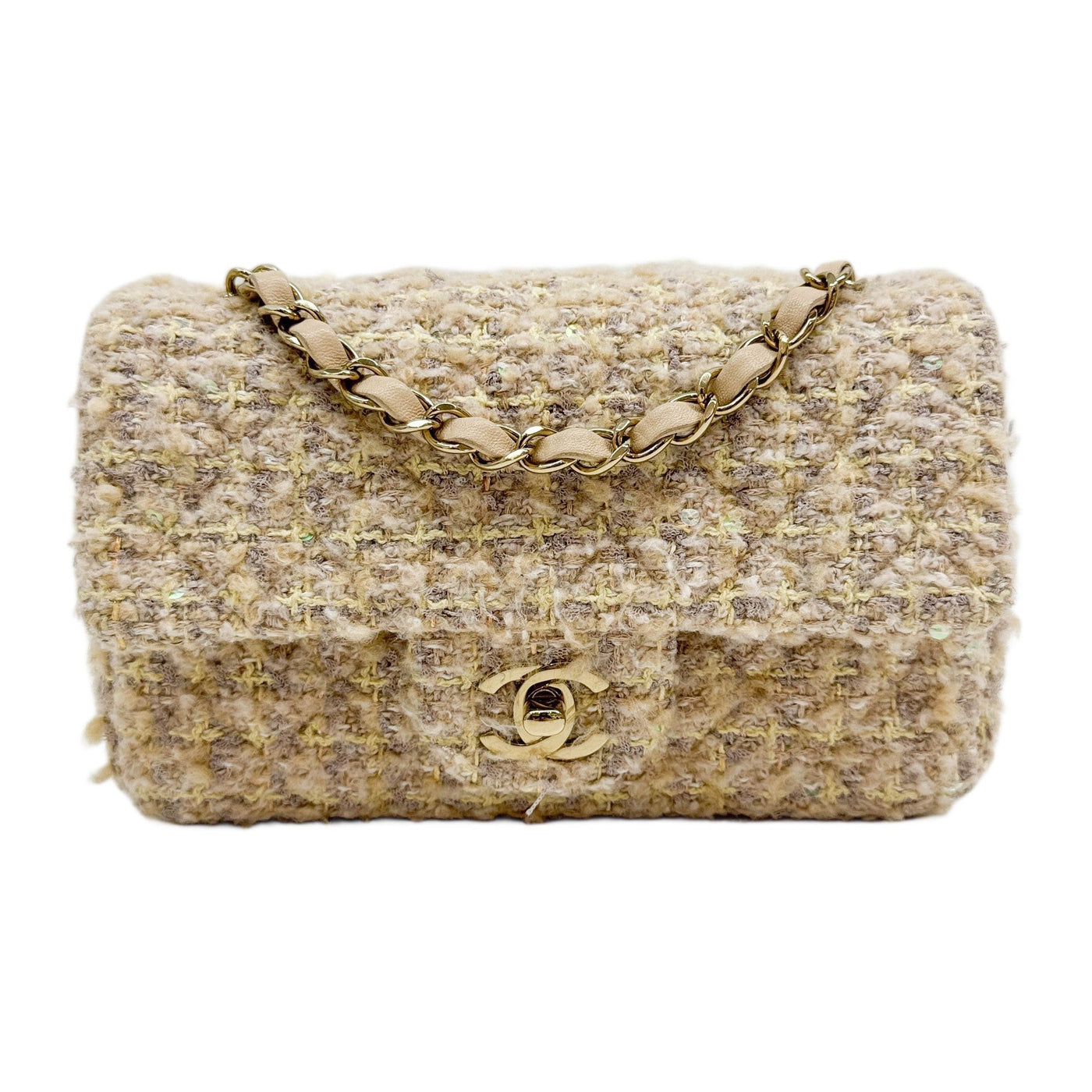 Rectangular Mini Classic Flap 2021-2026 Matelasse Beige Tweed Shoulder Bag