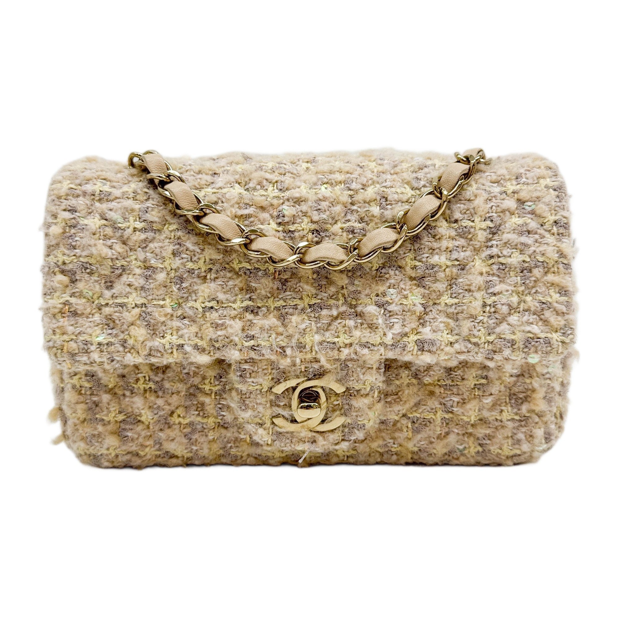 Rectangular Mini Classic Flap 2021-2026 Matelasse Beige Tweed Shoulder Bag