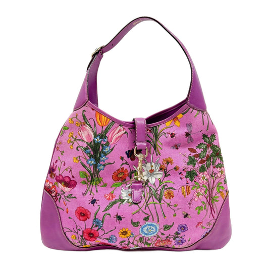 Jackie Flower Canvas Purple Leather Shoulder Bag