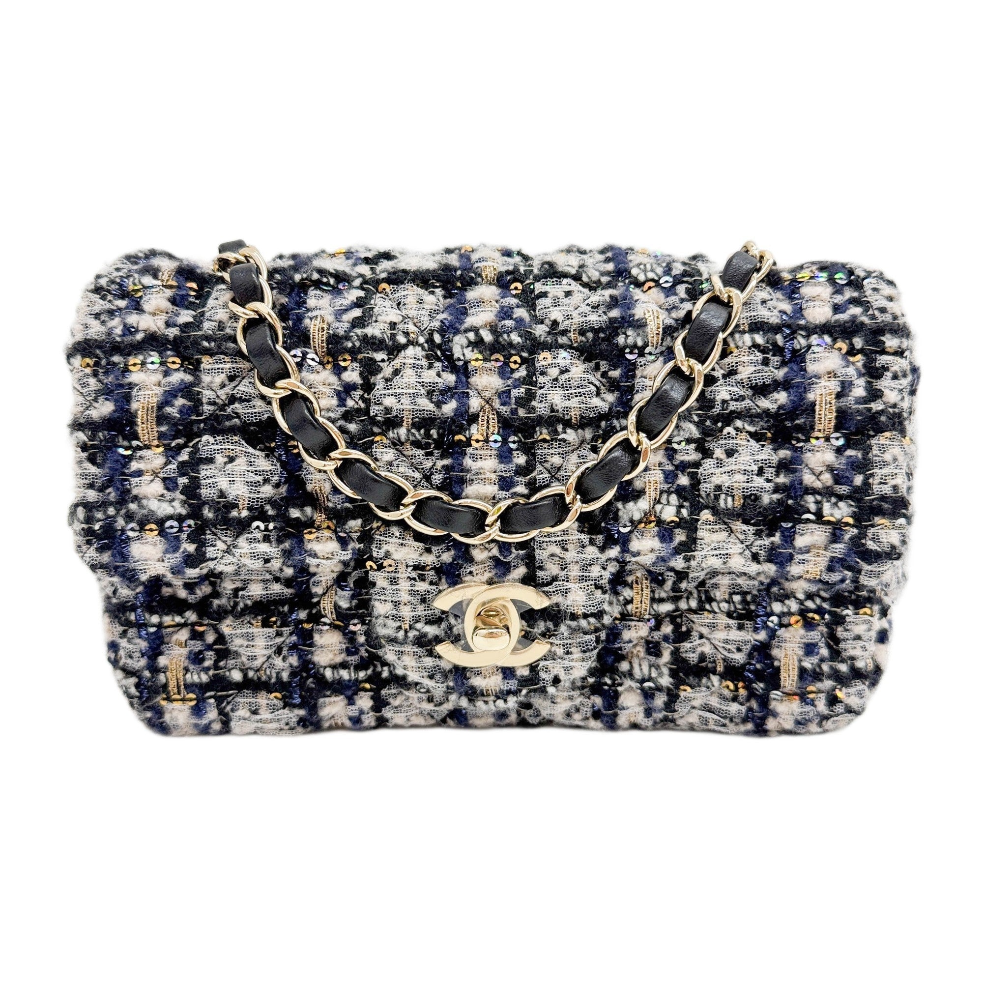 Classic Flap 2021-2026 Gold Sequin Details & Blue Tweed Shoulder Bag