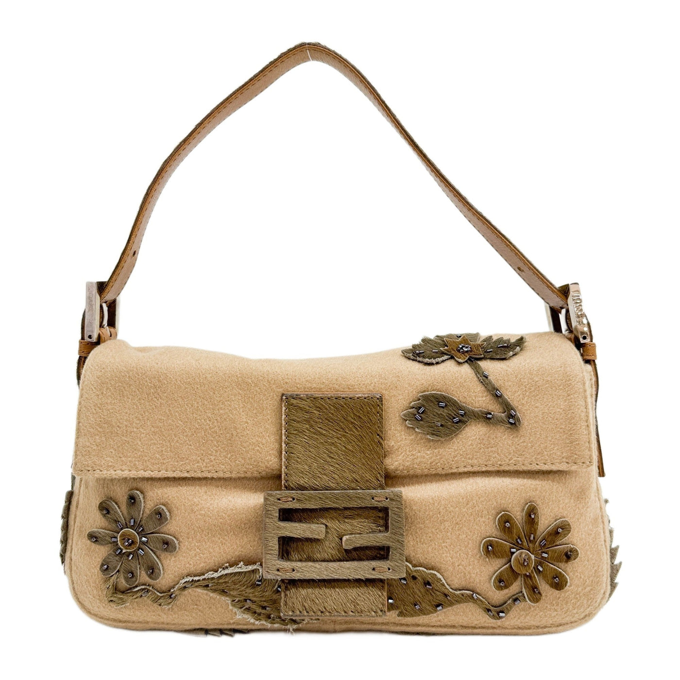 Baguette Floral Pony Hair Applique Brown Cashmere Shoulder Bag