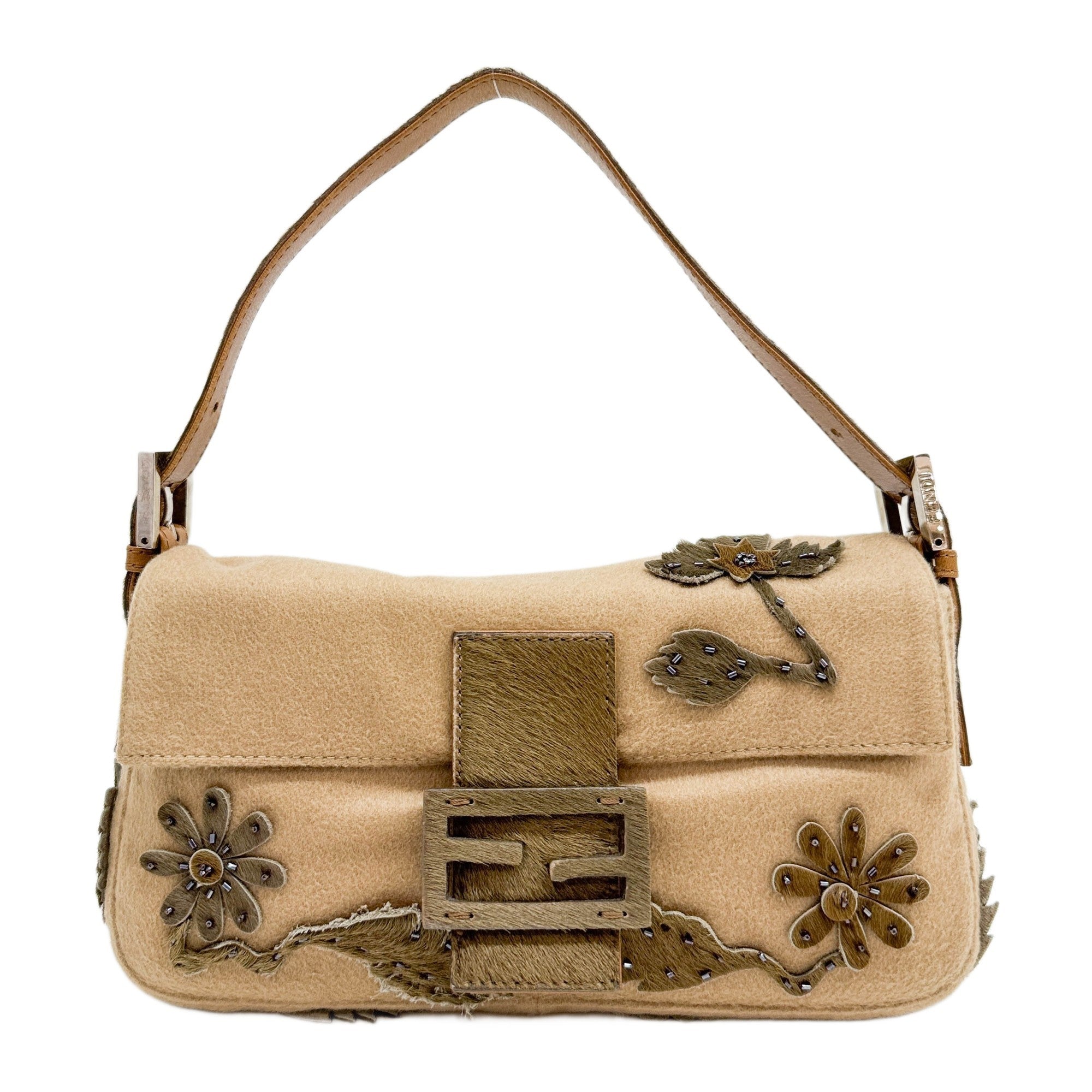 Baguette Floral Pony Hair Applique Brown Cashmere Shoulder Bag