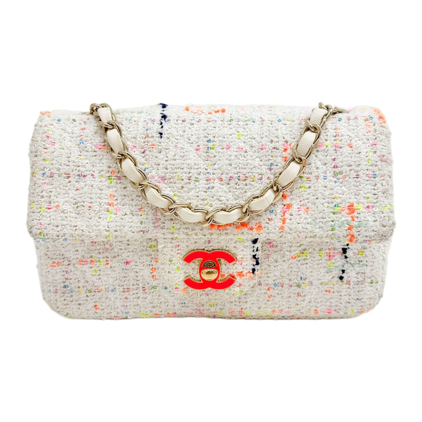 Mini Classic Flap 2021-2026 Multicolored Sequin and White Tweed Shoulder Bag