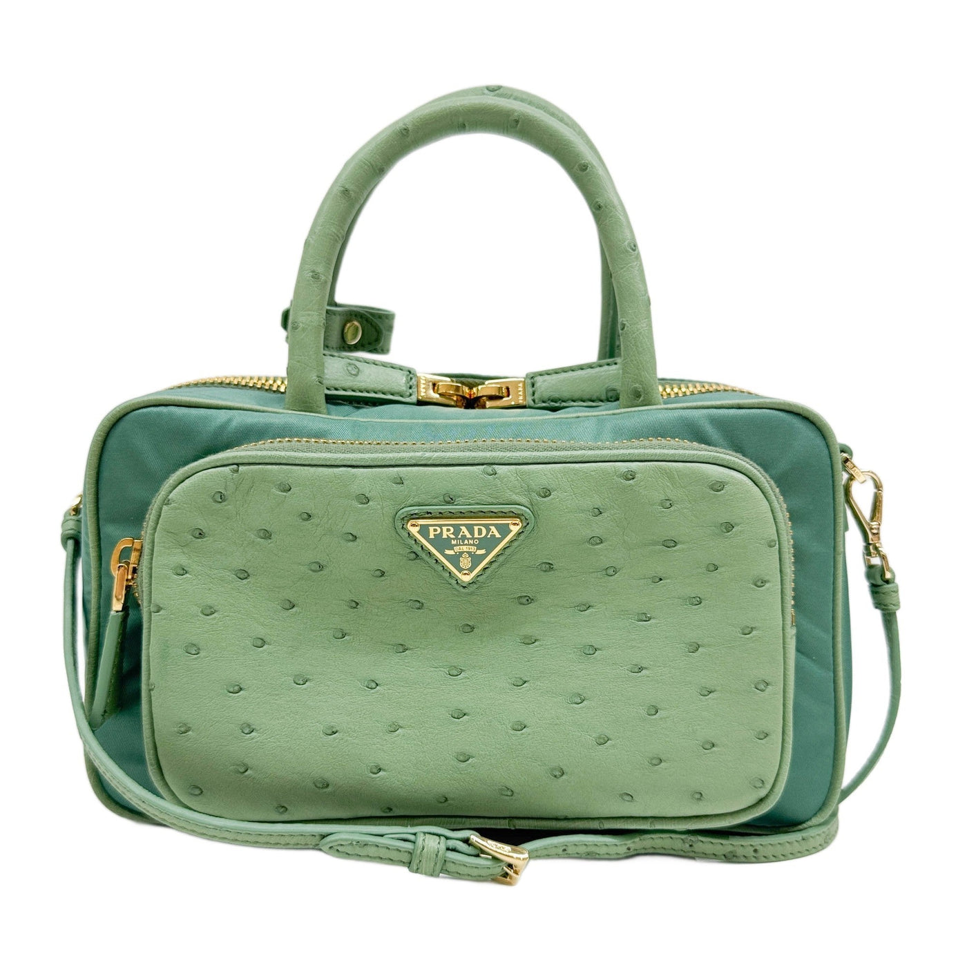Re-Nylon Ostrich Embossed Leather Details Green Nylon Two Way Bag