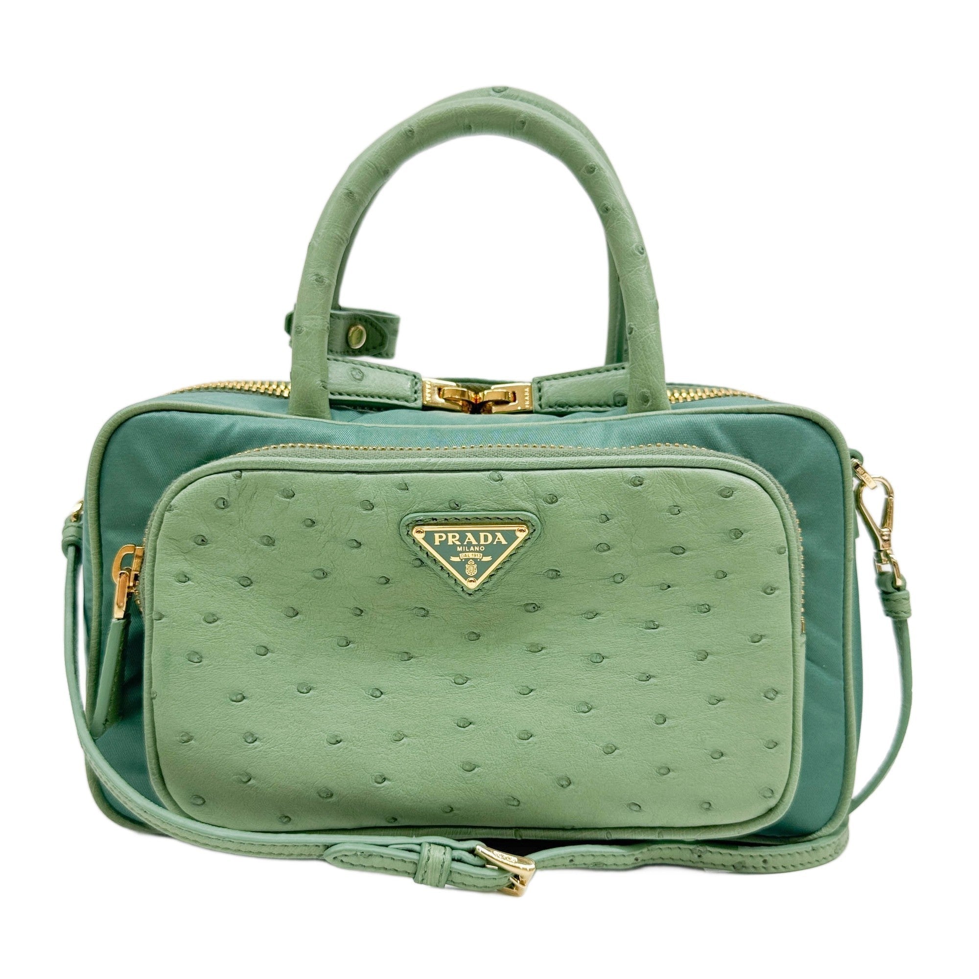 Re-Nylon Ostrich Embossed Leather Details Green Nylon Two Way Bag