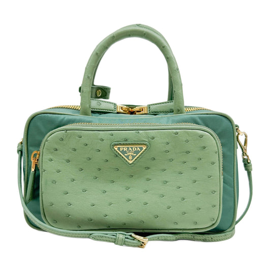 Re-Nylon Ostrich Embossed Leather Details Green Nylon Two Way Bag
